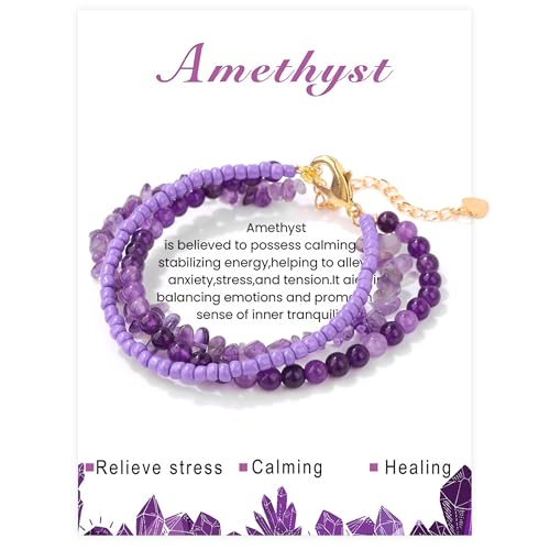 LOCCY Naturstein Armband für Damen, 4mm Kristall Kugelarmband Boho Edelstein Perlen Armband Layered Stapelbare Perlenarmband für Frauen Mädchen Muttertag Geburtstag Weihnachten (Amethyst) von LOCCY