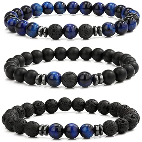 LOCCY Perlenarmband Herren, 3 Stück 8mm Perlenarmbänder Set Stretch Tigerauge Armband Lavastein Perlen Armband für Männer Fraun für Geburtstag Vatertag Weihnachten Geschenke (Blau Tigerauge+Lavastein) von LOCCY