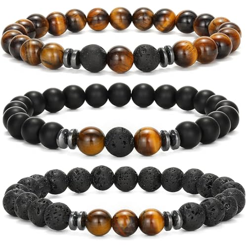 LOCCY Perlenarmband Herren, 3 Stück 8mm Perlenarmbänder Set Stretch Tigerauge Armband Lavastein Perlen Armband für Männer Fraun für Geburtstag Vatertag Weihnachten Geschenke (Gelb Tigerauge+Lavastein) von LOCCY