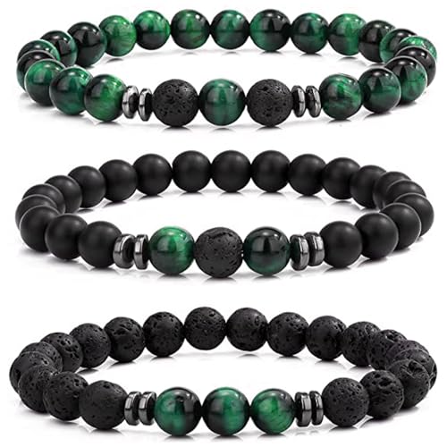 LOCCY Perlenarmband Herren, 3 Stück 8mm Perlenarmbänder Set Stretch Tigerauge Armband Lavastein Perlen Armband für Männer Fraun für Geburtstag Vatertag Weihnachten Geschenke (Grün Tigerauge+Lavastein) von LOCCY