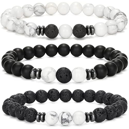 LOCCY Perlenarmband Herren, 3 Stück 8mm Perlenarmbänder Set Stretch Tigerauge Armband Lavastein Perlen Armband für Männer Fraun für Geburtstag Vatertag Weihnachten Geschenke (Howlith+Lavastein) von LOCCY