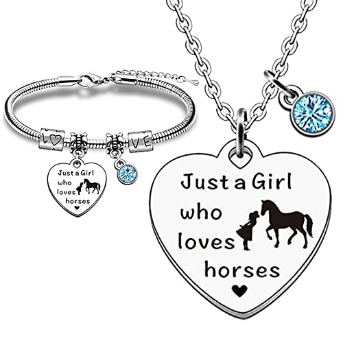 LOCCY Pferd Halskette Pferd Armband Set, Pferd Geschenke für Mädchen, Pferd Anhänger Halskette Schmuck, Silber Mädchen und Pferd Halskette für Mädchen, Horsey Dinge für Mädchen Pferdeliebhaber (Blau) von LOCCY