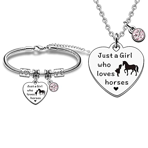 LOCCY Pferd Halskette Pferd Armband Set, Pferd Geschenke für Mädchen, Pferd Anhänger Halskette Schmuck, Silber Mädchen und Pferd Halskette für Mädchen, Horsey Dinge für Mädchen Pferdeliebhaber (Rose) von LOCCY
