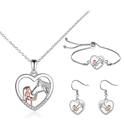 LOCCY Pferd Halskette Pferd Armband set, Pferde Geschenke für Mädchen, Silber Pferde Anhänger Halskette Pferds Armband Pferds Ringe für Mädchen Pferdeliebhaber von LOCCY