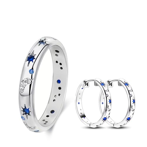 LOCCY Silber Frauen Ringe Mond Stern, S925 Mond Stern Ringe Damen Silber Ohrringe Set, Cubic Zirkonia Ring Stapelbare Vintage Ring Monde und Sterne BFF Rings für Frauen Größe 49-59mm (49) von LOCCY