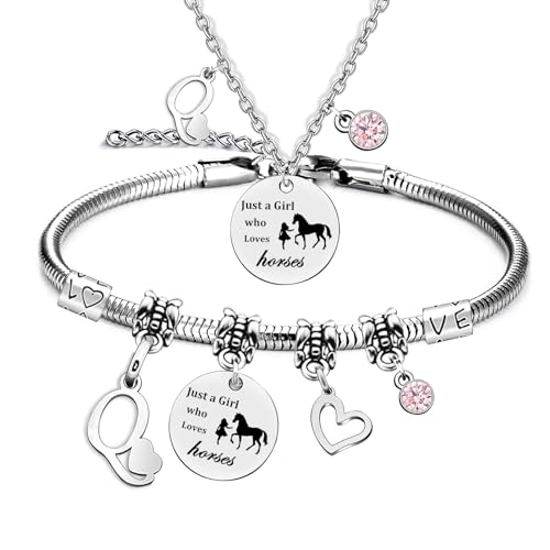 LOCCY Mädchen und Pferd Halskette Silber Herz Anhänger Halskette Geschenke Pferd Halskette Pferd Armband Set, Pferd Geschenke für Mädchen Frauen Freundin Tochter Pferdeliebhaber (Q) von LOCCY