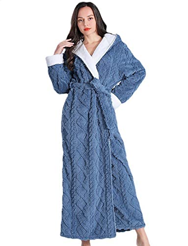 Damen Sherpa Fleece Hausmantel Weich Warm Kapuzenmantel Lang Fuzzy Hausmantel mit Kapuze, blau, Large von LOCIIXAT