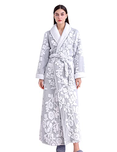 LOCIIXAT Damen Sherpa Fleece Bademantel Lang Warm Flauschig Luxus Bademantel Fuzzy Hausmantel Jacquard Muster, 1-hell grau, 46 von LOCIIXAT