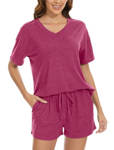 LOCUBE Damen-Pyjama-Set, Shorts, weicher V-Ausschnitt, kurzärmelig, Lounge-Set mit Taschen, Fuchsia, L von LOCUBE