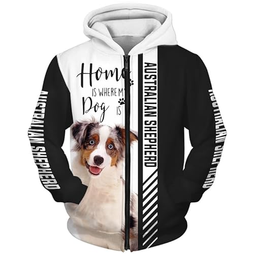 LOCZEK Hoodies Jacken Dünne 3D Australian Shepherd Dog Volldruck Pullover Männer & Frauen Casual Polyester Sweatshirt unisex/A2/4XL von LOCZEK