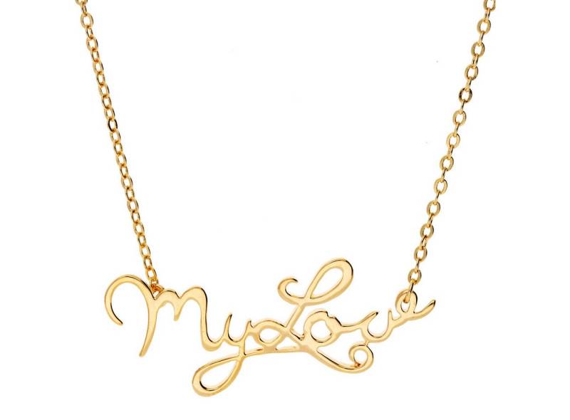 LÖB Kette mit Anhänger 750er 18 Karat Gold vergoldet Kette Love Schriftzug Anhänger Platte (Geschenke für Frauen Beste Freundin Mutter Mama Damen zum Geburtstag Weihnachten Weihnachtsgeschenke), Halskette Liebe Minimalistisch Modern Geometrisch Schlicht Leicht von LÖB