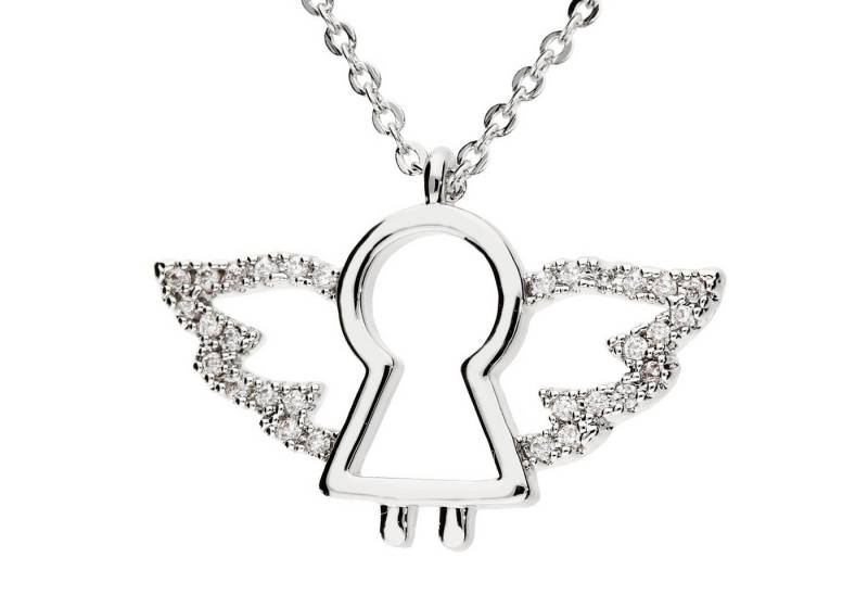 LÖB Kette mit Anhänger 750er Weißgold Vergoldet Halskette Engel Schutzengel Zirkonia Stein (Geschenke für Frauen Beste Freundin Mutter Mama Damen zum Geburtstag Weihnachten Weihnachtsgeschenke), 18 Karat Kette Engelsflügel Modern Dezent Filigran Flügel Silber Weiß von LÖB