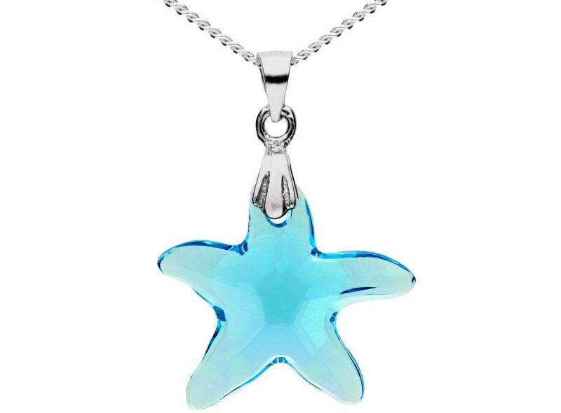 LÖB Kette mit Anhänger 925 Silber Kette Seestern Stern Kristall Stein Anhänger Blau Hellblau (Geschenke für Frauen Beste Freundin Mutter Mama Damen zum Geburtstag Weihnachten Weihnachtsgeschenke, Inkl. Schmuckbox), Damen Kinder Mädchen Halskette Silberkette Türkis Aqua Sternchen von LÖB