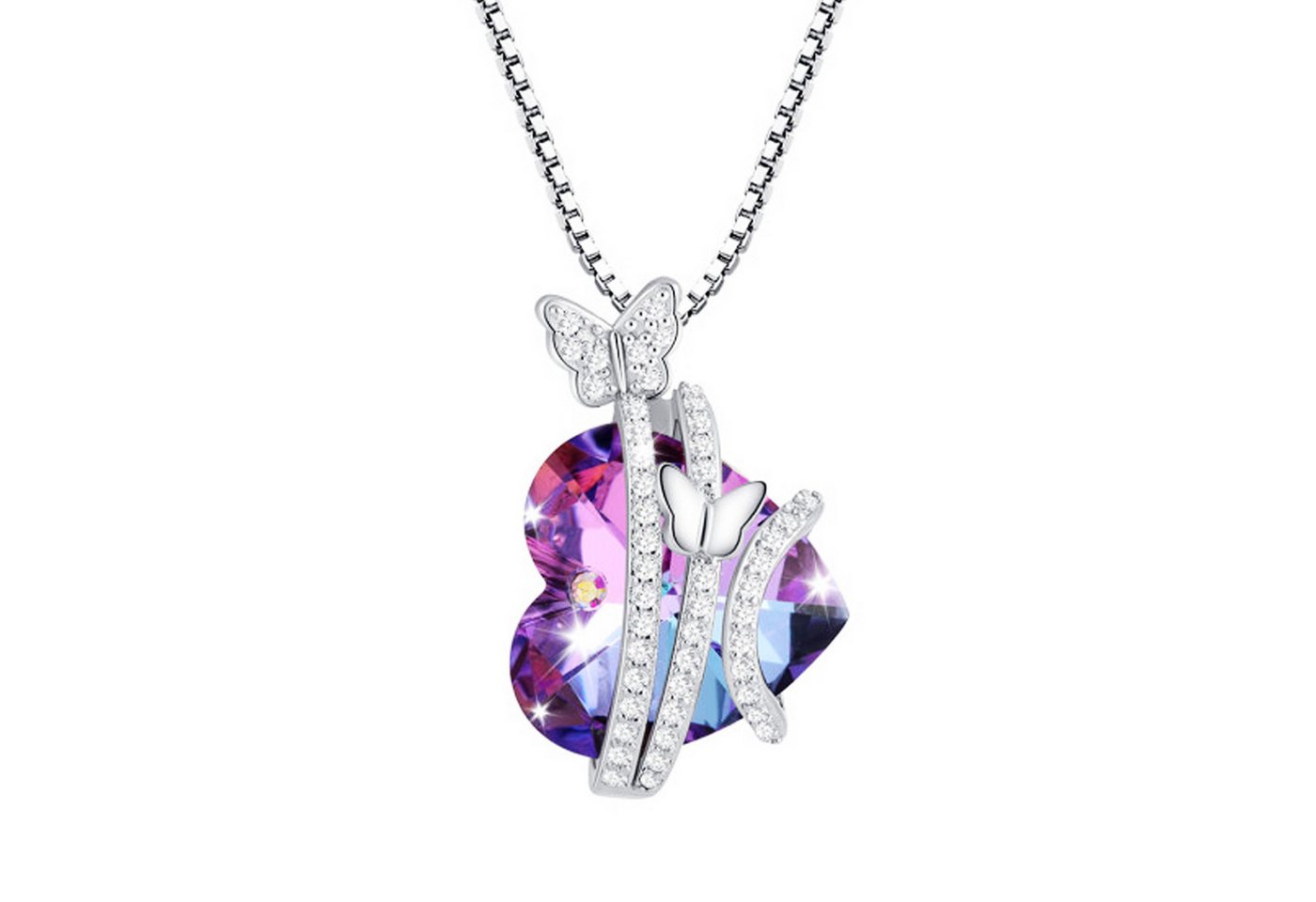 LÖB Kette mit Anhänger 750 Weißgold vergoldet Halskette Herz Schmetterling Silber Lila Blau (Geschenke für Frauen Beste Freundin Mutter Mama Damen zum Geburtstag Weihnachten Weihnachtsgeschenke), Herzkette 18 Karat Kette Herzanhänger Herzform Kristall Stein Anhänger von LÖB