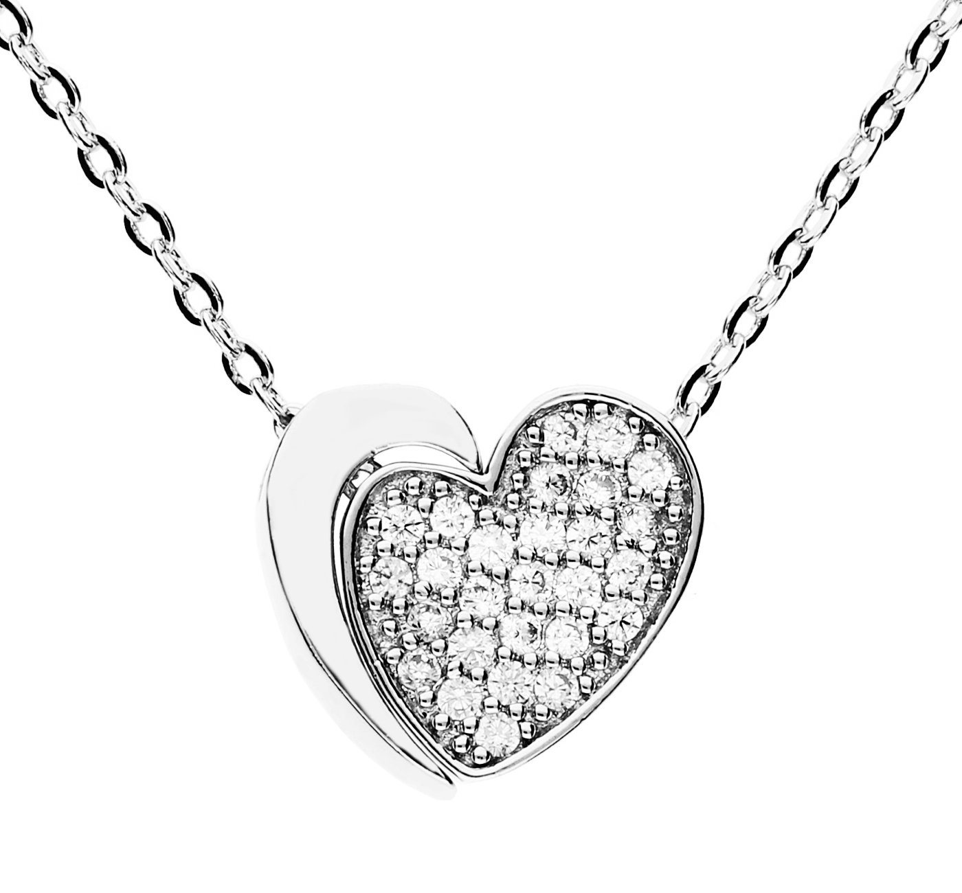 LÖB Kette mit Anhänger Kette Silber geteiltes Herz Zirkonia Anhänger, Damen Halskette mit Herzanhänger Zirkonia Herzstein Herzen Herzkette Damenkette Silberkette Strass Glitzer Solitär Geschenke für Frauen Freundin Mama zum Valentinstag Geburtstag von LÖB