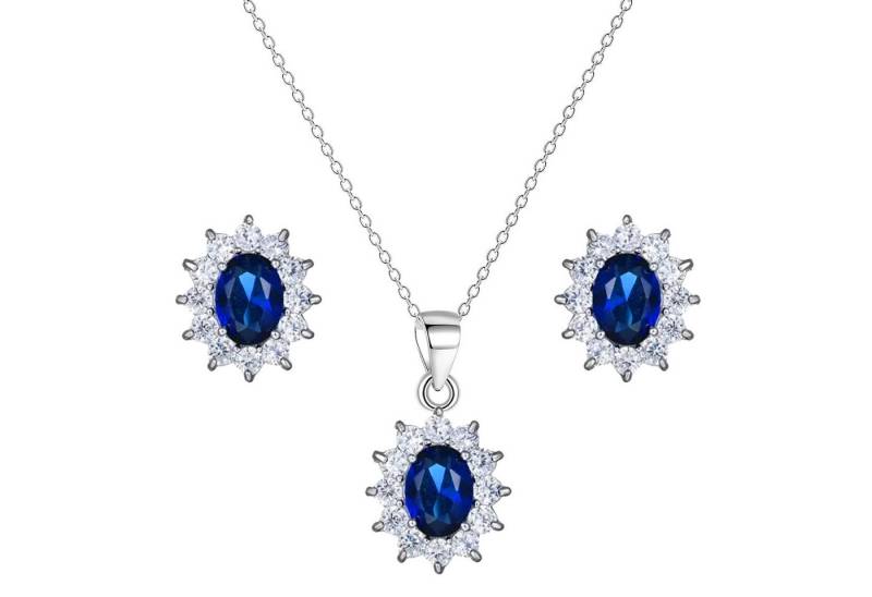 LÖB Ohrring und Ketten Set 750er Weißgold vergoldet Zirkonia Halskette Ohrringe Set Silber Blau (Geschenke für Frauen Beste Freundin Mutter Mama Damen zum Geburtstag Weihnachten Weihnachtsgeschenke), 18 Karat Kette Ohrstecker Schmuckset Blumen Anhänger Saphir Saphirblau von LÖB