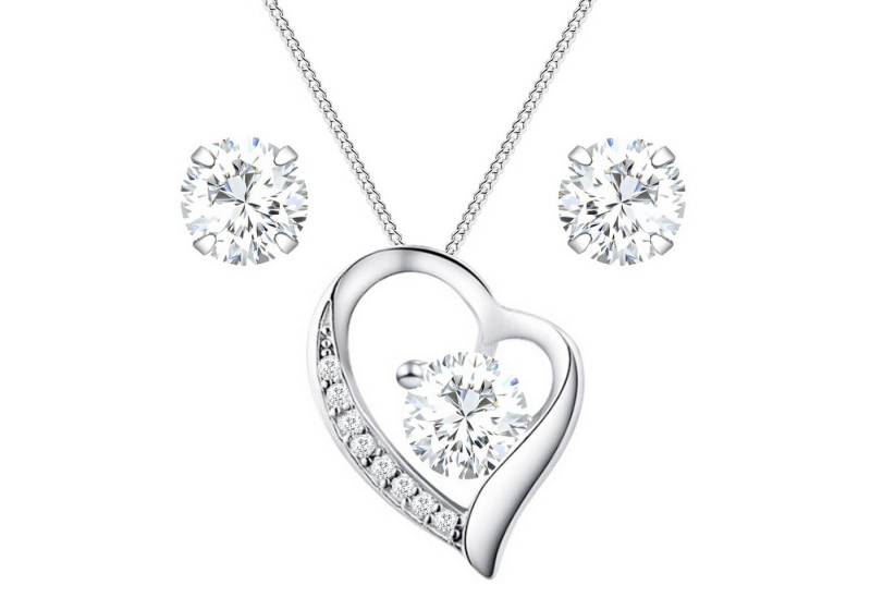 LÖB Ohrring und Ketten Set 925 Silber Herz Anhänger Zirkonia Ohrringe Kette Set Herzkette Herzen (Geschenke für Frauen Beste Freundin Mutter Mama Damen zum Geburtstag Weihnachten Weihnachtsgeschenke), Ohrstecker Halskette Schmuckset Liebe Herzform Herzanhänger Glitzer von LÖB