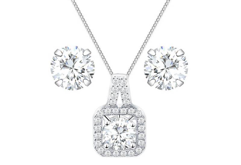 LÖB Ohrring und Ketten Set 925 Silber Ohrringe Halskette Quadrat Stein Anhänger Zirkonia Rund Set (Geschenke für Frauen Beste Freundin Mutter Mama Damen zum Geburtstag Weihnachten Weihnachtsgeschenke), Ohrstecker Kette Schmuckset Brautschmuck Braut Solitär Strass Glitzer von LÖB