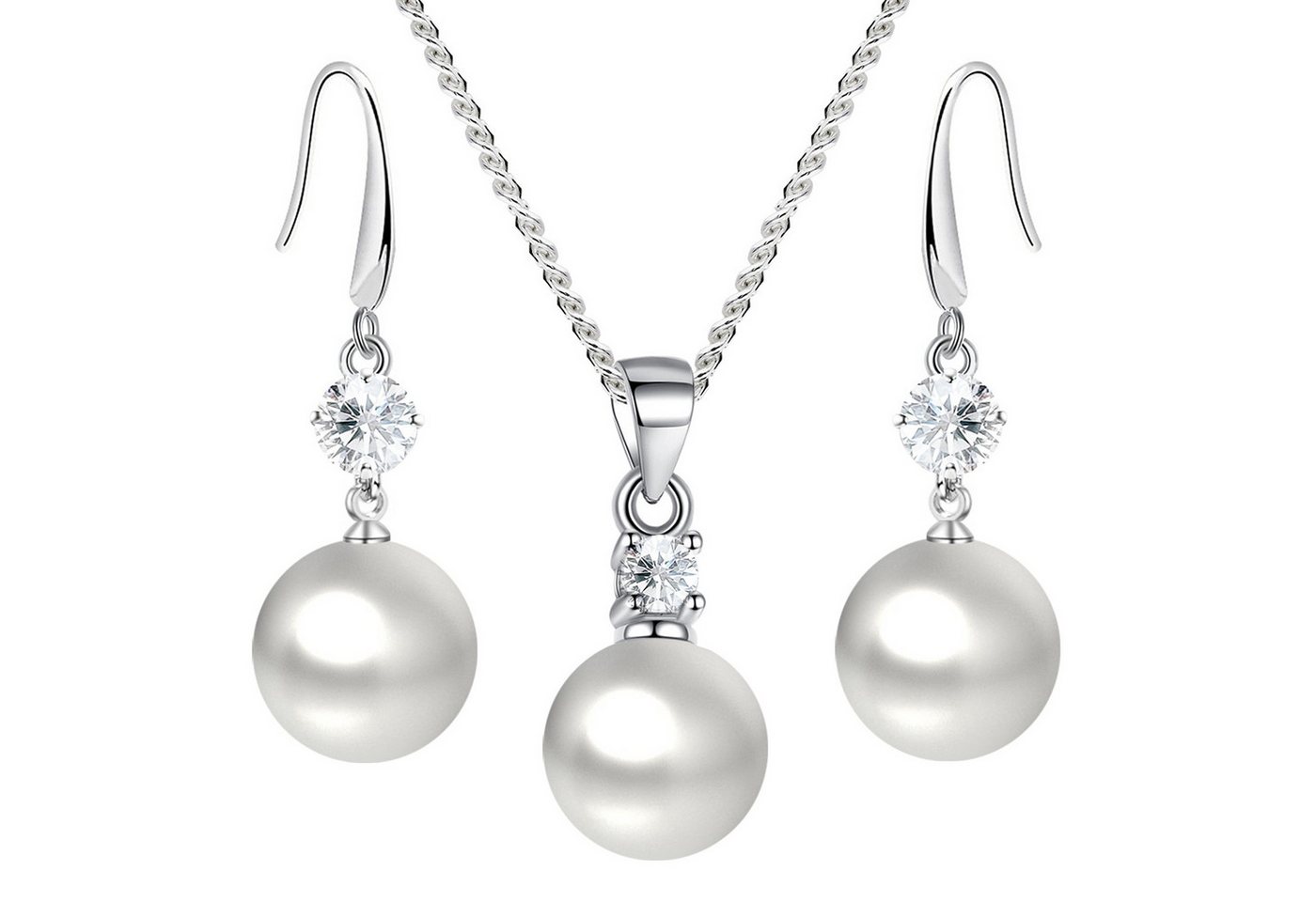 LÖB Ohrring und Ketten Set Halskette Ohrringe Hängend Zirkonia Perlen Set 925 Silber versilbert (Geschenke für Frauen Freundin Mutter Mama zum Geburtstag Muttertag Muttertagsgeschenk Brautschmuck Braut, Inkl. Schmuckbox), Damen Schmuckset Kette Perlenohrringe Perlenkette Ohrhänger Anhänger von LÖB