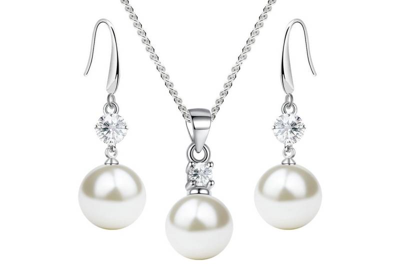 LÖB Ohrring und Ketten Set 925 Silber versilbert Halskette Ohrringe Hängend Zirkonia Perlen Set (Geschenke für Frauen Beste Freundin Mutter Mama Damen zum Geburtstag Weihnachten Weihnachtsgeschenke, Inkl. Schmuckbox), Damen Schmuckset Kette Perlenohrringe Perlenkette Ohrhänger Anhänger von LÖB