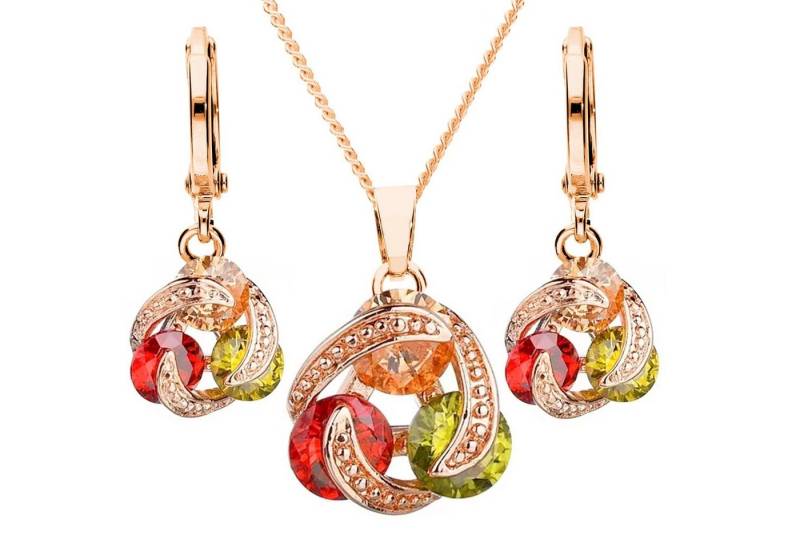 LÖB Ohrring und Ketten Set 18K Roségold vergoldet Kette Creolen Set Ring Anhänger Zirkonia Bunt (Geschenke für Frauen Beste Freundin Mutter Mama Damen zum Geburtstag Weihnachten Weihnachtsgeschenke, Inkl. Schmuckbox), Halskette Ohrringe Hängend Schmuckset Tropfenanhänger Infinity Lang von LÖB