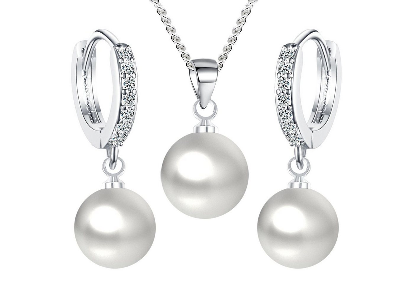 LÖB Ohrring und Ketten Set Schmuckset 925 Silber Zirkonia Zuchtperle Perlen Kette Creolen Hängend (Geschenke für Frauen Beste Freundin Mutter Mama Damen zum Geburtstag Weihnachten Weihnachtsgeschenke, Inkl. Schmuckbox), Halskette Ohrringe Anhänger Set echte Perlenohrringe Brautschmuck Weiß von LÖB