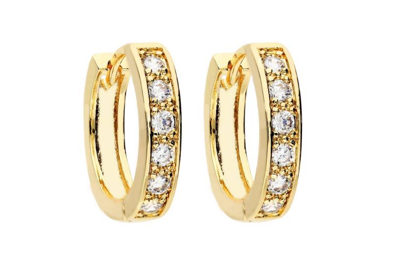 LÖB Paar Creolen 18K Gold vergoldet Ohrringe Zirkonia Glitzer Steine Creolen Klein Rund (Geschenke für Frauen Beste Freundin Mutter Mama Damen zum Geburtstag Weihnachten Weihnachtsgeschenke, Inkl. Schmuckbox), Klappcreolen Kreolen Huggie Ohrstecker Strass Brautschmuck Braut von LÖB