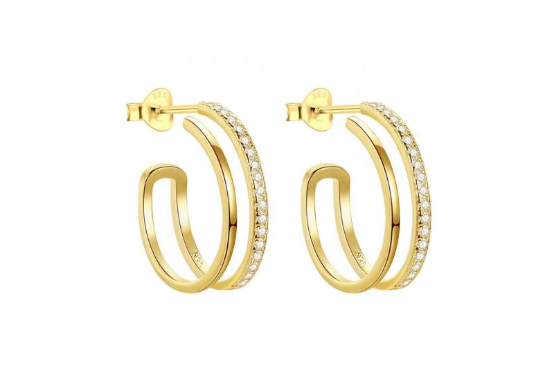 LÖB Paar Creolen 925 Silber Creolen Zirkonia Rund Doppel Ohrringe Hängend Gold Modern (Geschenke für Frauen Beste Freundin Mutter Mama Damen zum Geburtstag Weihnachten Weihnachtsgeschenke), Groß Glitzer Strass 585er vergoldet Elegant Damen Breit Minimalistisch von LÖB