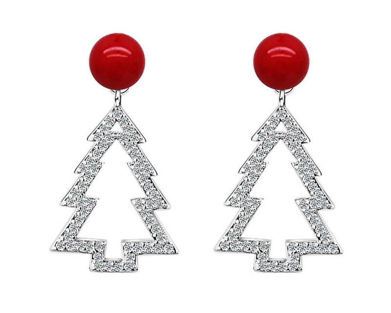 LÖB Paar Ohrhänger 750er Weißgold Vergoldet Ohrstecker Weihnachtsbaum Perlen Silber Rot (Geschenke für Frauen Beste Freundin Mutter Mama Damen zum Geburtstag Weihnachten Weihnachtsgeschenke, Inkl. Schmuckbox), Tannenbaum Ohrringe Hängend Weihnachtsohrringe Weihnachtsmotiv Schmuck von LÖB