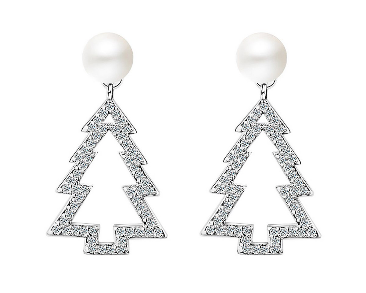 LÖB Paar Ohrhänger 750er Weißgold Vergoldet Ohrstecker Weihnachtsbaum Perlen Silber Weiß (Geschenke für Frauen Beste Freundin Mutter Mama Damen zum Geburtstag Weihnachten Weihnachtsgeschenke, Inkl. Schmuckbox), Tannenbaum Ohrringe Hängend Weihnachtsohrringe Weihnachtsmotiv Schmuck von LÖB
