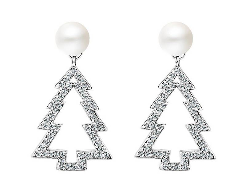 LÖB Paar Ohrhänger 750er Weißgold Vergoldet Ohrstecker Weihnachtsbaum Perlen Silber Weiß (Geschenke für Frauen Beste Freundin Mutter Mama Damen zum Geburtstag Weihnachten Weihnachtsgeschenke, Inkl. Schmuckbox), Tannenbaum Ohrringe Hängend Weihnachtsohrringe Weihnachtsmotiv Schmuck von LÖB