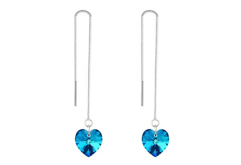 LÖB Paar Ohrhänger 925 Silber Ohrringe Hängend Herz Kristall Anhänger Blau Durchzieher (Geschenke für Frauen Beste Freundin Mutter Mama Damen zum Geburtstag Weihnachten Weihnachtsgeschenke), Herzform Stein Herzanhänger Einfädler Herzohrringe Kette Brautschmuck von LÖB