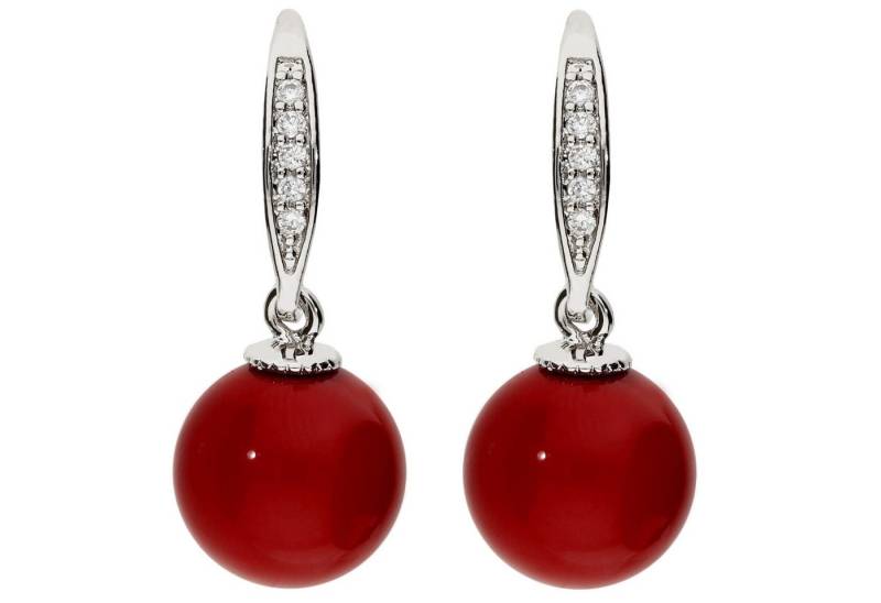 LÖB Paar Ohrhänger Ohrringe Hängend Zirkonia Steine Tropfen Perlen Anhänger Silber Rot (Geschenke für Frauen Beste Freundin Mutter Mama Damen zum Geburtstag Weihnachten Weihnachtsgeschenke, Inkl. Schmuckbox), 18K Weißgold vergoldet Ohrhänger Tropfenanhänger Perlenanhänger von LÖB