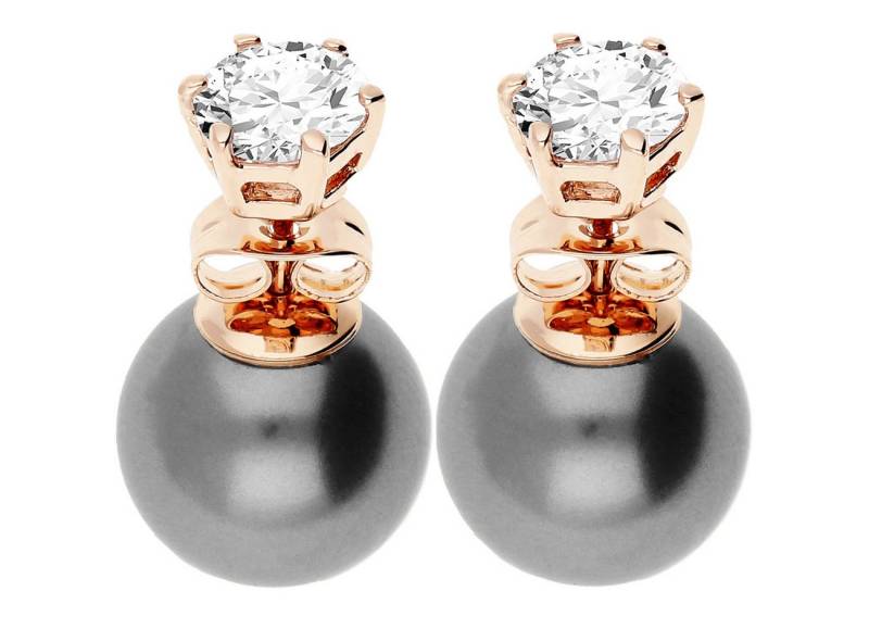 LÖB Paar Ohrstecker 750 (18 Karat) Roségold vergoldet Ohrringe Doppel Perlen Zirkonia Grau (Geschenke für Frauen Beste Freundin Mutter Mama Damen zum Geburtstag Weihnachten Weihnachtsgeschenke, Inkl. Schmuckbox), Front Back Ohrstecker Perlenohrringe Vorne Hinten Zwei Kugel Set Damen von LÖB