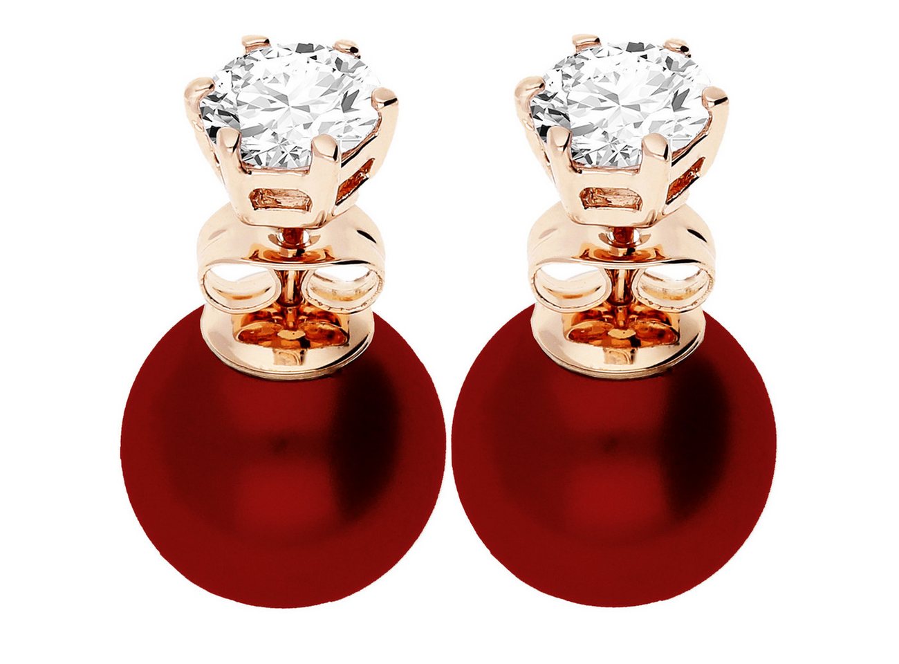 LÖB Paar Ohrstecker 750 (18 Karat) Roségold vergoldet Ohrringe Doppel Perlen Zirkonia Rot (Geschenke für Frauen Beste Freundin Mutter Mama Damen zum Geburtstag Weihnachten Weihnachtsgeschenke, Inkl. Schmuckbox), Front Back Ohrstecker Perlenohrringe Vorne Hinten Zwei Kugel Set Damen von LÖB
