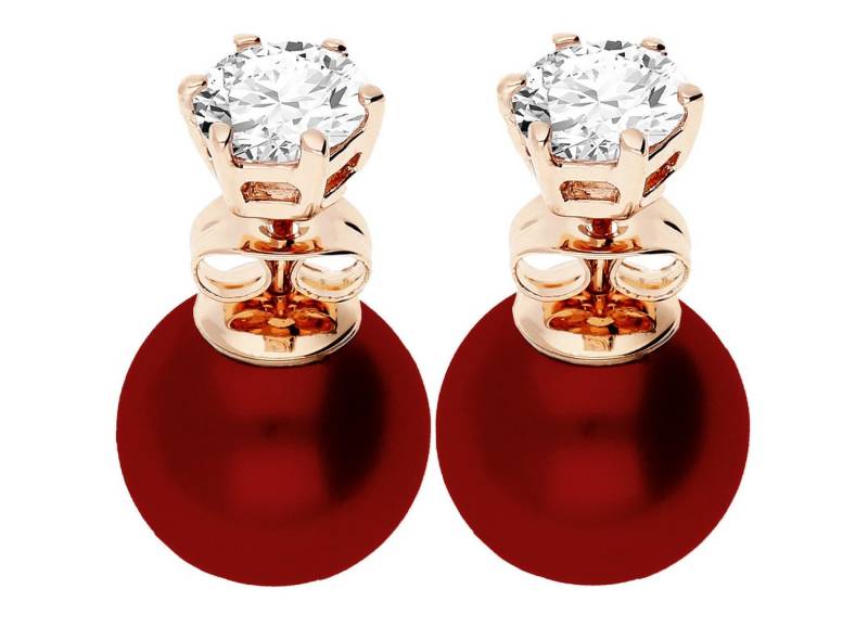 LÖB Paar Ohrstecker 750 (18 Karat) Roségold vergoldet Ohrringe Doppel Perlen Zirkonia Rot (Geschenke für Frauen Beste Freundin Mutter Mama Damen zum Geburtstag Weihnachten Weihnachtsgeschenke, Inkl. Schmuckbox), Front Back Ohrstecker Perlenohrringe Vorne Hinten Zwei Kugel Set Damen von LÖB