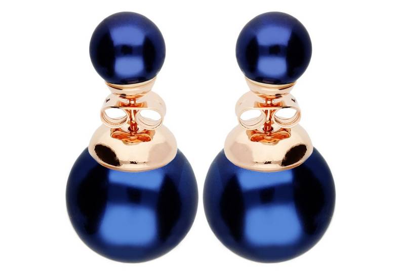 LÖB Paar Ohrstecker 750 (18 Karat) Roségold vergoldet Ohrstecker Zwei Perlen Ohrringe Blau (Geschenke für Frauen Beste Freundin Mutter Mama Damen zum Geburtstag Weihnachten Weihnachtsgeschenke, Inkl. Schmuckbox), Front Back Perlenohrringe Vorne Hinten Doppel Kugel Modern Schmuck Set von LÖB