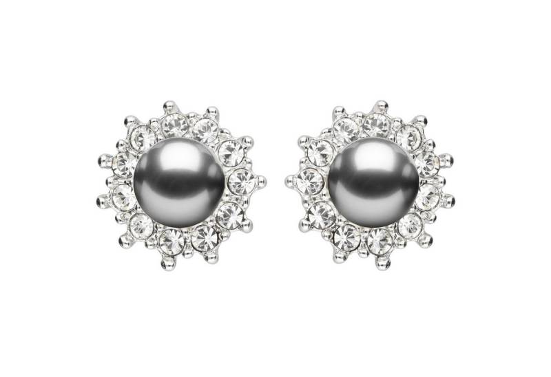 LÖB Paar Ohrstecker 750er Weißgold vergoldet Ohrringe Blumen Zirkonia Perlen Silber Grau (Geschenke für Frauen Beste Freundin Mutter Mama Damen zum Geburtstag Weihnachten Weihnachtsgeschenke, Inkl. Schmuckbox), 18 Karat Ohrstecker Perlenohrringe Perlenohrstecker Anthrazit Strass von LÖB