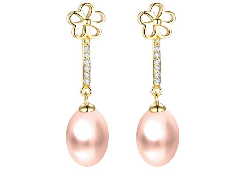 LÖB Paar Ohrstecker 925 Silber Ohrringe Hängend Zuchtperlen Perlen Anhänger Rosa Gold Oval (Geschenke für Frauen Beste Freundin Mutter Mama Damen zum Geburtstag Weihnachten Weihnachtsgeschenke, Inkl. Schmuckbox), Gold Vergoldet echte Perlenohrringe Ohrstecker Tropfen Blumen Blüte von LÖB