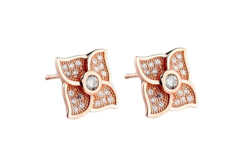 LÖB Paar Ohrstecker 925 Silber Roségold Vergoldet Ohrringe Blume Zirkonia Stein Weiß Eckig (Geschenke für Frauen Beste Freundin Mutter Mama Damen zum Geburtstag Weihnachten Weihnachtsgeschenke), Blüten Ohrstecker Rotgold Strass Glitzer Elegant Viereckig Quadrat von LÖB