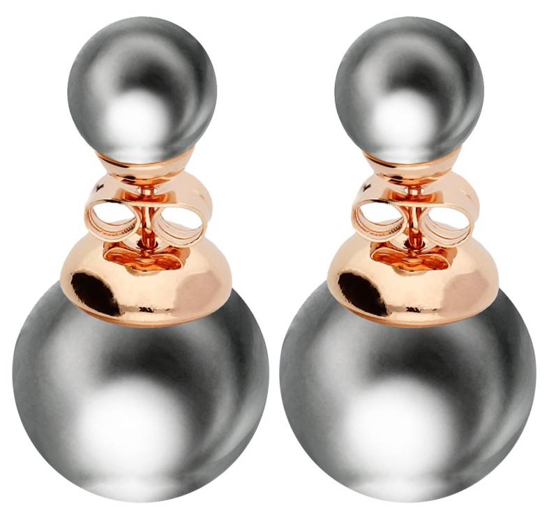 LÖB Paar Ohrstecker 18K Roségold vergoldet Ohrringe Zwei Doppel Perlen Perlenohrringe Grau (Geschenke für Frauen Beste Freundin Mutter Mama Damen zum Geburtstag Weihnachten Weihnachtsgeschenke, Inkl. Schmuckbox), Ohrstecker Set Front Back doppelte Perlenohrstecker Brautschmuck Kugel von LÖB
