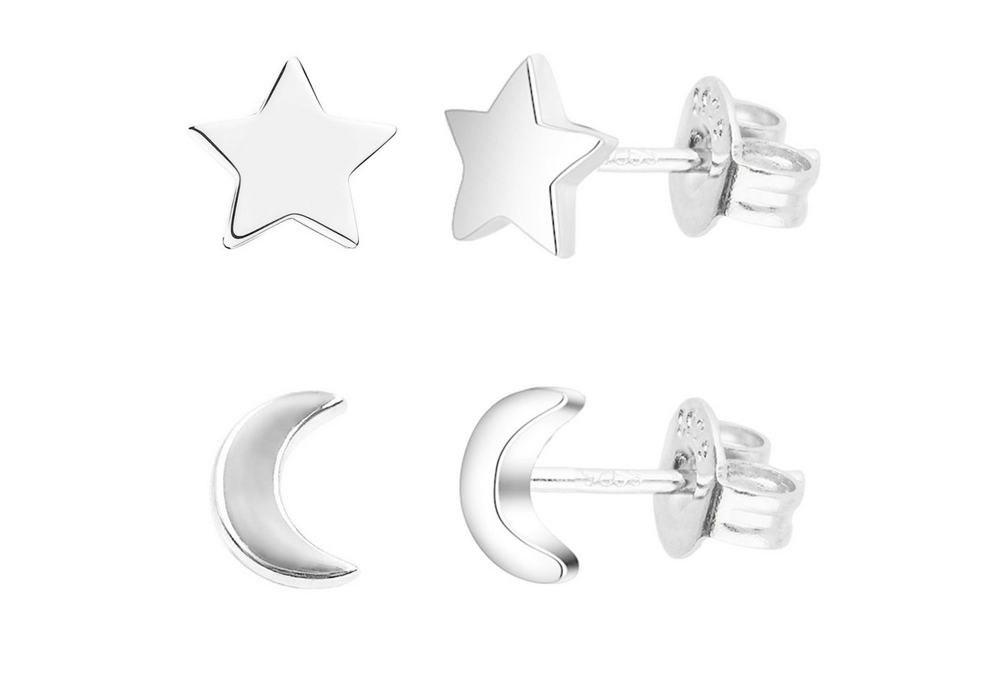 LÖB Paar Ohrstecker Ohrringe Set Silber Sterne Mond Ohrstecker Minimalistisch Modern Klein (Geschenke für Frauen Freundin Mutter Mama zum Geburtstag Muttertag Muttertagsgeschenk, Inkl. Schmuckbox), Damen Stecker Sternchen Halbmond Stern von LÖB