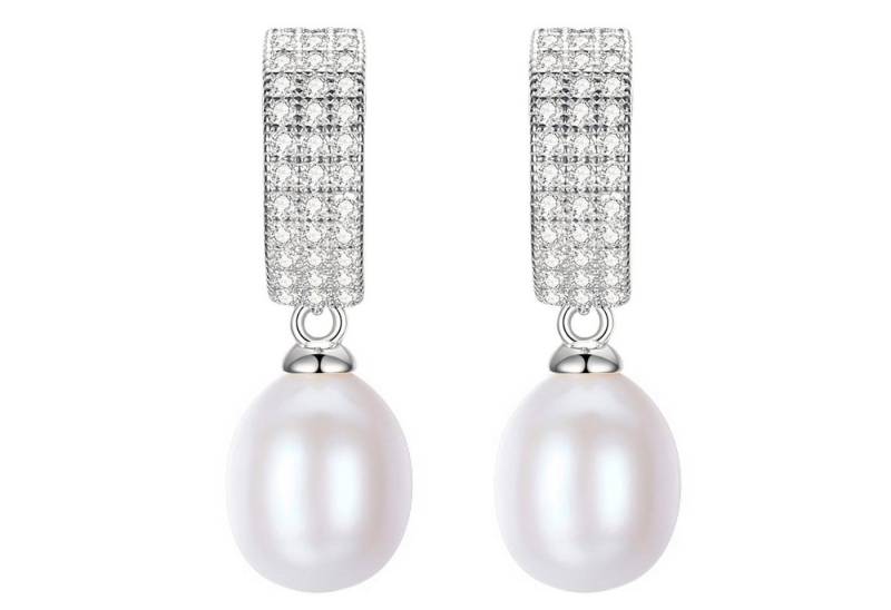 LÖB Perlenohrringe 925 Silber Ohrringe Hängend Zuchtperlen Zirkonia Tropfen Anhänger weiß (Geschenke für Frauen Beste Freundin Mutter Mama Damen zum Geburtstag Weihnachten Weihnachtsgeschenke, Inkl. Schmuckbox), Damen Perlenohrringe Glitzer Strass Steine echte Perlen Brautschmuck von LÖB