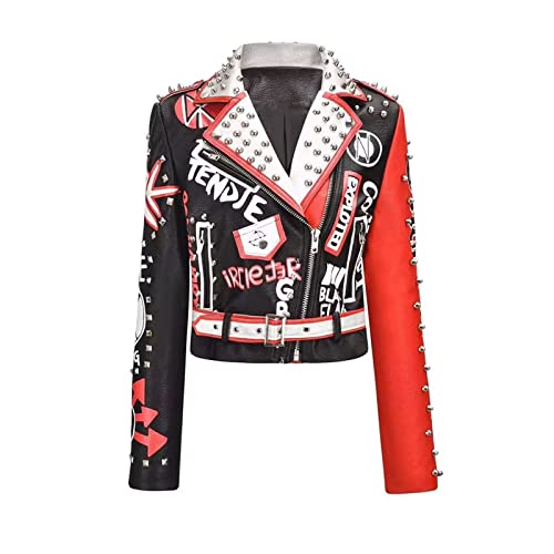 LOEBKE Damen Punk Rock Nieten Motorrad Lederjacke Nieten Perfekt Formend Kurz Motobiker Mantel, Rot/Ausflug, einfarbig (Getaway Solids), XX-Large von LOEBKE