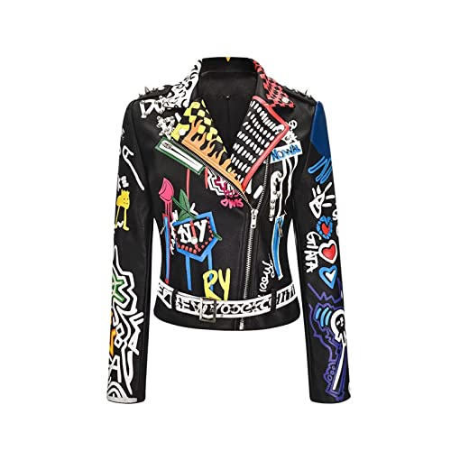 LOEBKE Graffiti Nieten Damen PU-Lederjacke Punk-Stil Motorradjacken Mäntel Street Rock Jacke, Schwarz, Large von LOEBKE