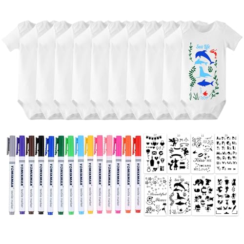 LOEPENLE 10er Set Bemalen Kurzarm Baby Body,Bemalen Babyparty, Baby mit 8 Kurzarmbody mit 8 Kurzarmbody+14 Bunte Textilstift+8 Schablonen für Babyparty Spiele Babyshower Strampler von LOEPENLE