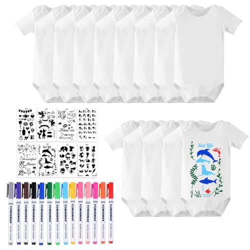 LOEPENLE 12er Set Bemalen Kurzarm Baby Body,Bemalen Babyparty, Baby mit 8 Kurzarmbody mit 8 Kurzarmbody+14 Bunte Textilstift+8 Schablonen für Babyparty Spiele Babyshower Strampler von LOEPENLE