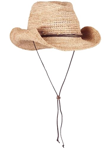 LOEVENICH formbarer Raffia Damen Cowboy Hut mit Kinnband aus veganem Leder in One Size von LOEVENICH