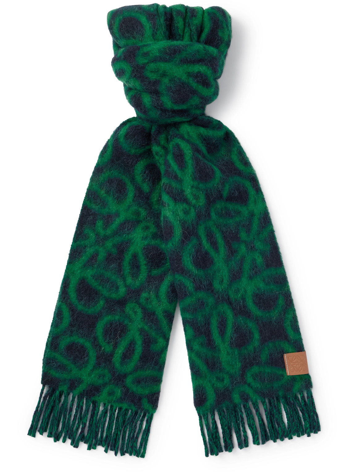 LOEWE - Anagram Logo-Appliquéd Fringed Logo-Print Knitted Scarf - Men - Green von LOEWE