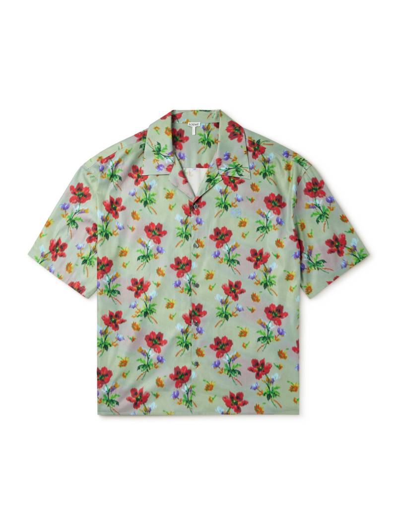 LOEWE - Camp-Collar Logo-Embroidered Floral-Print Cotton and Silk-Blend Twill Shirt - Men - Green - EU 39 von LOEWE